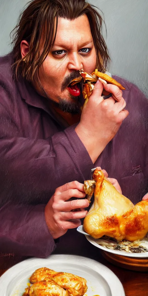 Prompt: ( hyperrealistic portrait of fat johnny depp eating chicken, on a filthy table filled with dirty plates ) by noah bradley, photorealistic, dynamic lighting, very detailed faces, trending on artstation, wallpaper, dream, 4 k, award winning, lovely pastel colors, ethereal, elegant