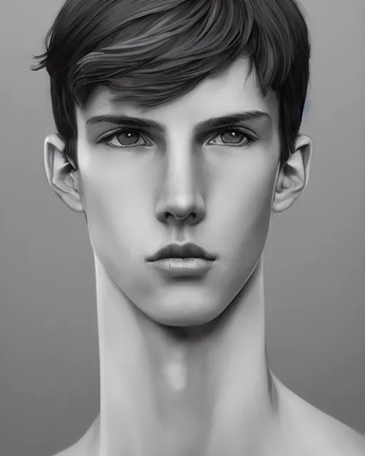 Image similar to portrait of 1 5 - year - old boy, a tall, slender boy with a pale, pointed face, sleek blond hair, and ice grey eyes, cold grey eyes, highly detailed, digital painting, artstation, concept art, smooth, sharp focus, illustration, art by artgerm and greg rutkowski and alphonse mucha