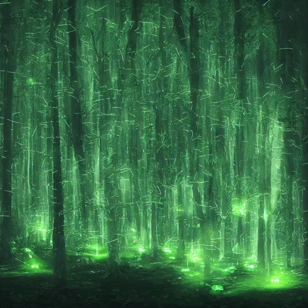 Image similar to rave green laser lights, at night in the cyber forest, reuben wu, jenni pasanen, epic composition, hd, octane, unreal engine, volumetric lighting, light rays, masterpiece, award - winning