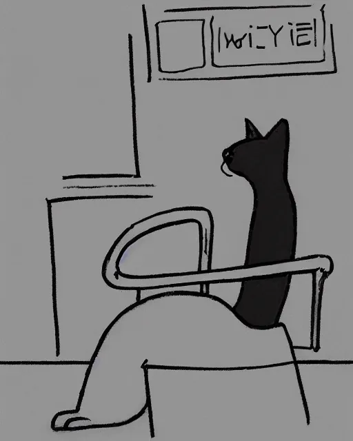 Image similar to a cat seated on the subway, cross-legged. White background. minimalist New Yorker cartoon. B&W. Black and white.