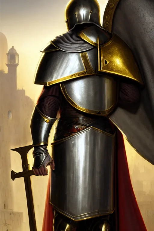Image similar to man looking forward in iron decorated with gold christian crusader plate armor, cylindrical crusader great helm covering all his head and white cape covering his back and arm standing at the gates of jerusalem drawn by greg rutkowski realistic high detail