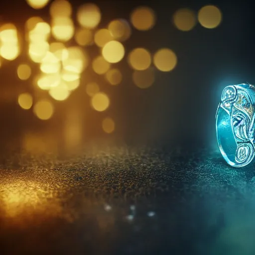 Image similar to a fantasy ring, blue glow, realistic reflections, intricate details, cinematic lighting, depth of field, octane render