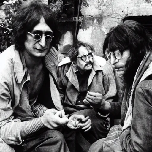 Prompt: john lennon and yoko ono smoking with an old nepali man from 1970s era, vintage photograph