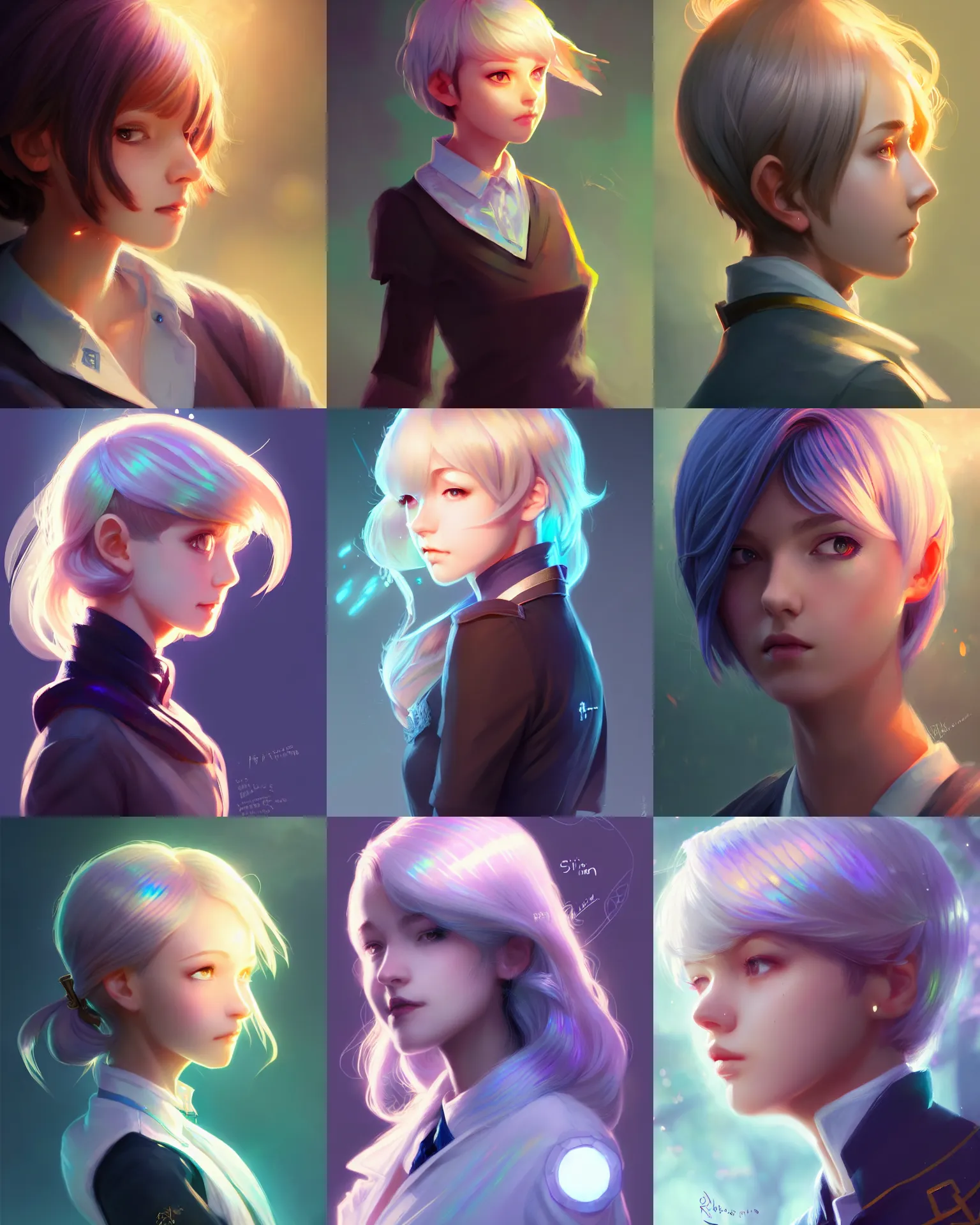 Prompt: side portrait of an innocent lost college girl, strixhaven magic school university uniform, light iridescent hair color, cute short hair style, fantasy, intricate, sharp focus, lens flare, bloom, rim light, illustration, highly detailed, digital painting, concept art, matte, art by ruan jia