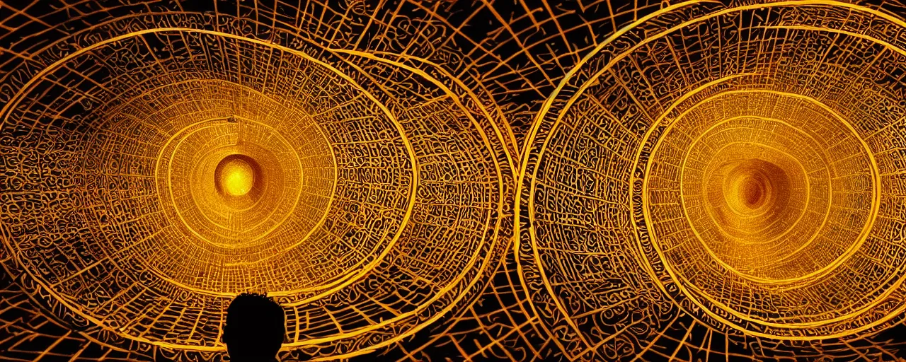 Image similar to vivid illustration of a person choosing between tunnels with groups of people inside, within a highly intricate torus with detailed golden ornamentation and golden light, choosing between pathways