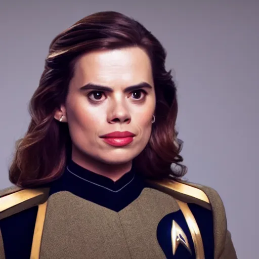 Image similar to a beautiful full body photograph of hayley atwell as a star fleet officer from star trek next generation, full dress uniform, symmetrical face, extreme realism and detail, 8 k, completely framed, direct lighting, 3 5 mm photo, photorealistic, sharp focus