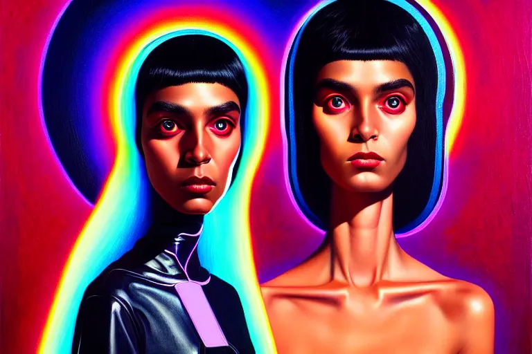 Image similar to patron saint of 🛸🌈👩🏾, futuristic clothing, neon god of city character portrait, in the style of margaret keane, moebius, tom bagshaw, and waterhouse, cinematic lighting, beautiful, elegant, oil painting,