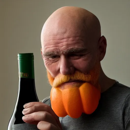 Image similar to Old bald man, with an orange beard, drinking a bottle of wine, Lonely