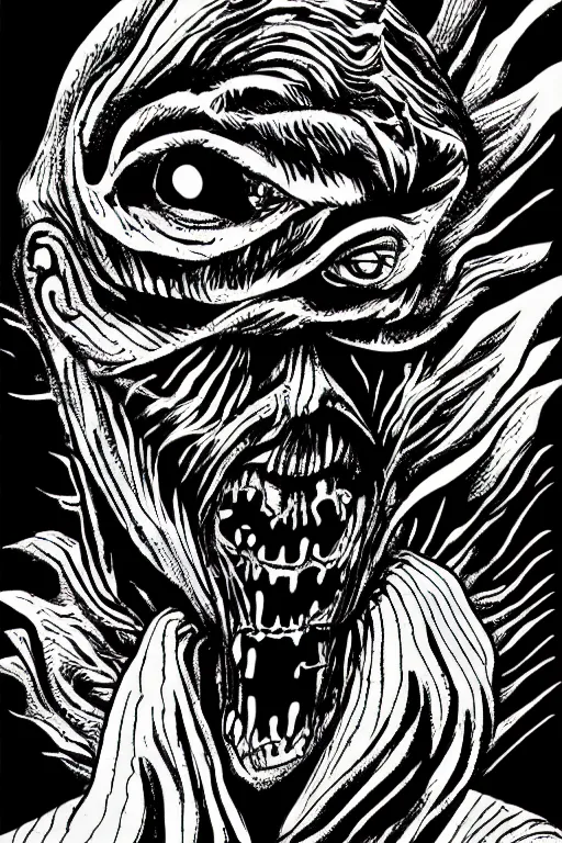Image similar to scary man without face, nightmare, style of junji ito, highly detailed, 8k, color ink drawing, thin clear line comics vector art, quill pen 1 px, background by hr giger