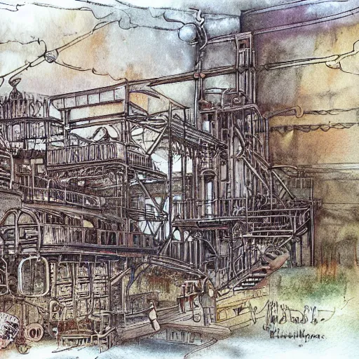 Prompt: Steampunk factory, ink and watercolor,