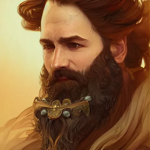 Image similar to portrait of a bearded male bard, D&D, fantasy, intricate, elegant, highly detailed, digital painting, artstation, concept art, smooth, sharp focus, illustration, art by artgerm and greg rutkowski and alphonse mucha