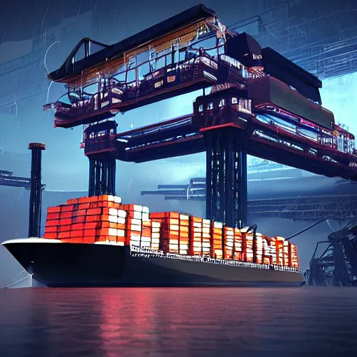 Image similar to photo of Immense industrial futuristic cargo ship arrives at cyber punk city sea port, cinematic lighting, photo