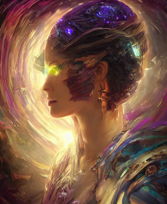 Image similar to a whirlwind of souls rushing inside the metaverse, half body, glowin eyes, tiara with sapphire, pharaoh, android, cyberpunk, d & d, fantasy, intricate, elegant, highly detailed, colorful, vivid color, digital painting, artstation, concept art, art by artgerm and greg rutkowski and alphonse mucha and ruan jia