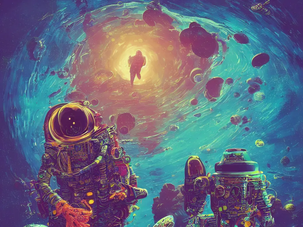 Prompt: a digital painting of an astronaut!!!!!! floating in a bright colorful alien ocean surrounded by alien fish, sharp focus, retro futuristic by beeple, wayne barlowe, roger dean and ernst haeckel