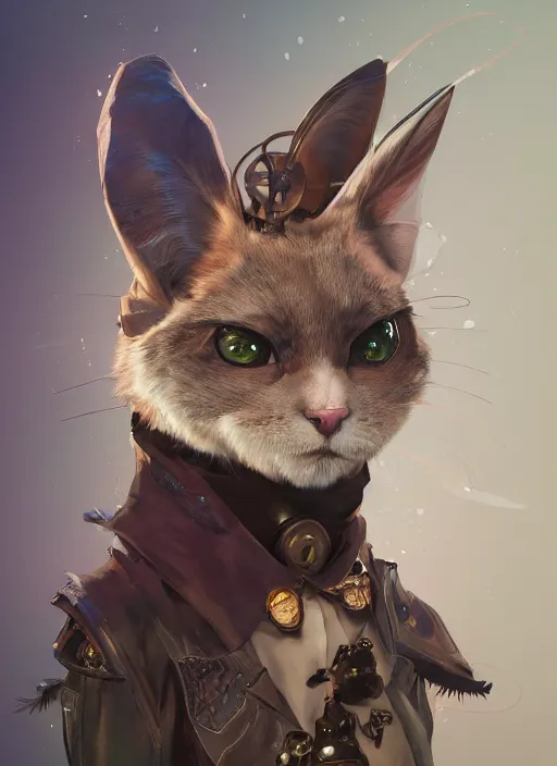 Image similar to a beautiful half body portrait of a cute anthropomorphic steampunk cat fursona. big eyes. character design by cory loftis, fenghua zhong, ryohei hase, ismail inceoglu and ruan jia. volumetric light, detailed, rendered in octane