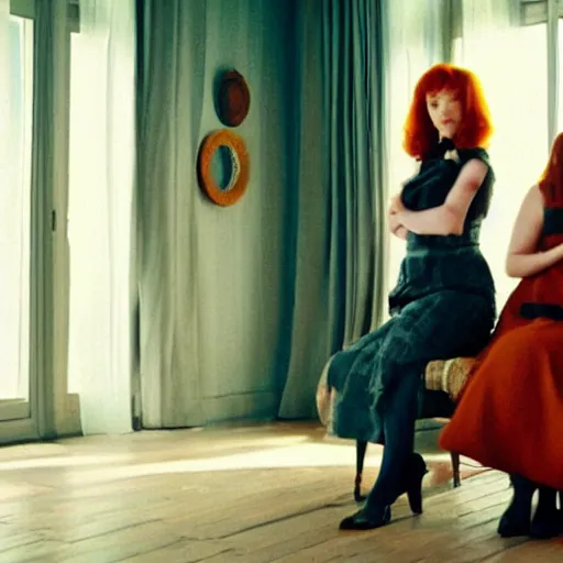 Image similar to a very surprised beautiful Christina Hendricks and her twin sister in the living room, film still from the movie directed by Denis Villeneuve with art direction by Salvador Dalí, wide lens