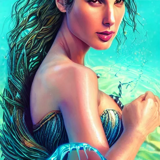 Image similar to “ gal gadot portrait, fantasy, mermaid, hyperrealistic, game character, underwater,, highly detailed, cinematic lighting, pearls, glowing hair, shells, gills, crown, water, highlights, starfish, goddess, jewelry, realistic, digital art, pastel, magic, fiction, ocean, queen, colorful hair, sparkly eyes, fish, heroic, waves, bubbles ”