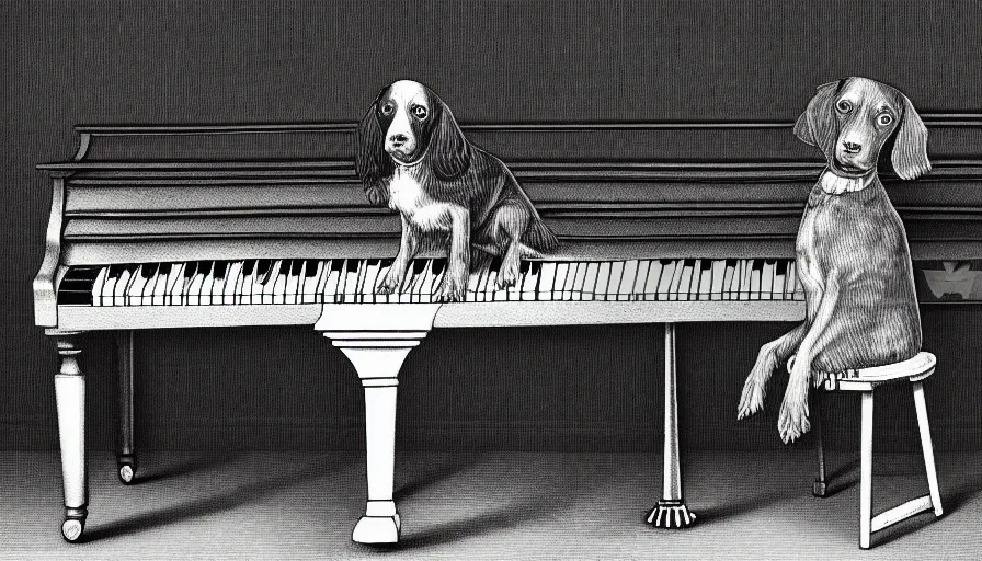 Image similar to sprocker Spaniel , sat down playing a piano.modern. Martini on the side, detailed illustration. Artwork. B&W