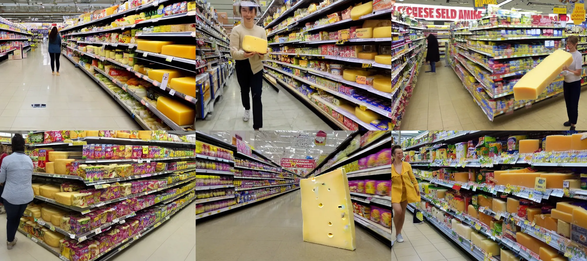 Prompt: a piece of cheese walking in the supermarket