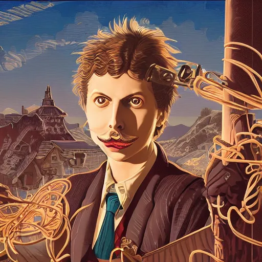 Image similar to a detailed portrait of michael cera as an old west villain, long twirling moustache, by dan mumford, yusuke murata, makoto shinkai, ross tran, cosmic, heavenly, god rays, intricate detail, cinematic, 8 k, cel shaded, unreal engine, featured on artstation, pixiv