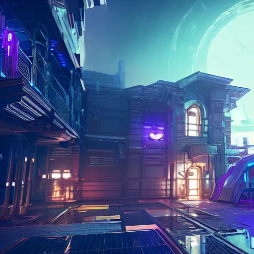 Image similar to A photograph of a cyberpunk mansion set in a cyberpunk utopia. Highly detailed, 8k wallpaper, HDR, concept art, unreal engine 5, 4k, 8k, ray tracing, bloom, lens flare