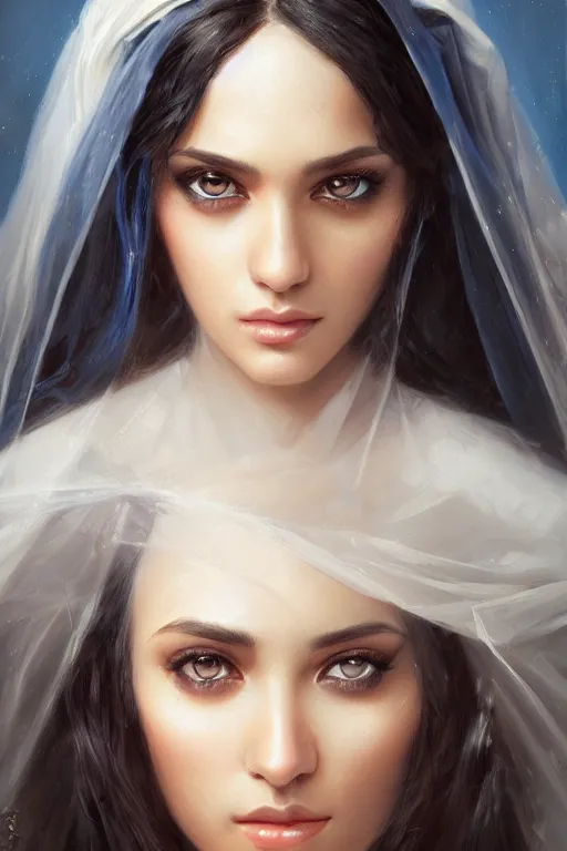 Image similar to tanned Ameera al-Taweel, bright blue eyes, long wavy black hair, simple white veil, closeup, focus face, elegant, highly detailed, centered, oil painting, artstation, concept art by tom bagshaw