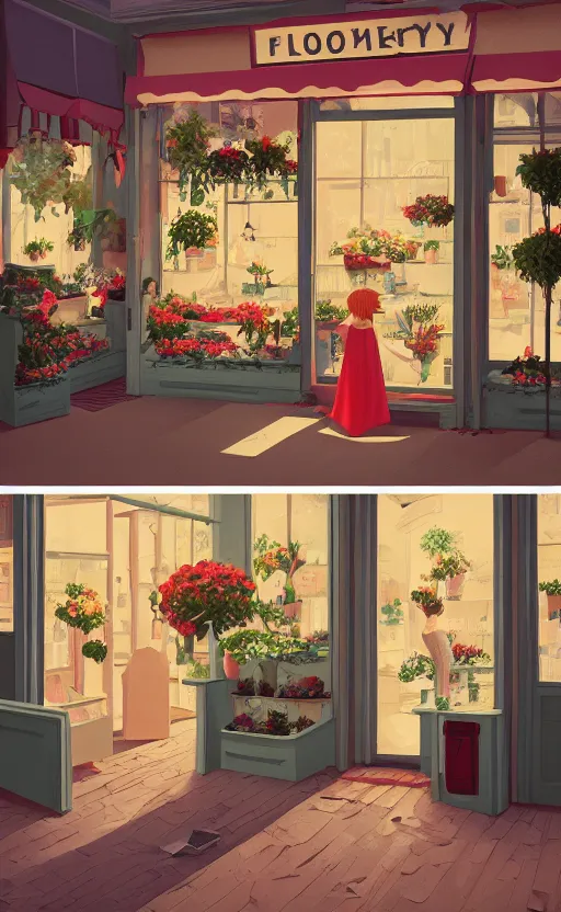 Image similar to cute cozy florist store, surreal cinematic illustration, by atey ghailan and escher and edward hopper