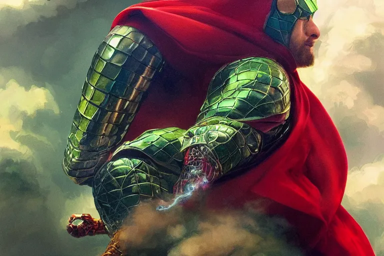 Image similar to Mysterio, crossing his arms, wearing a reflective dome on his head and a big red cape appearing gigantic emerging from a cloud of green smoke, trending on Artstation, highly detailed, HD wallpaper, 4k, photorealistic, digital art, art by artgerm and Greg Rutkowski and Alphonse Mucha