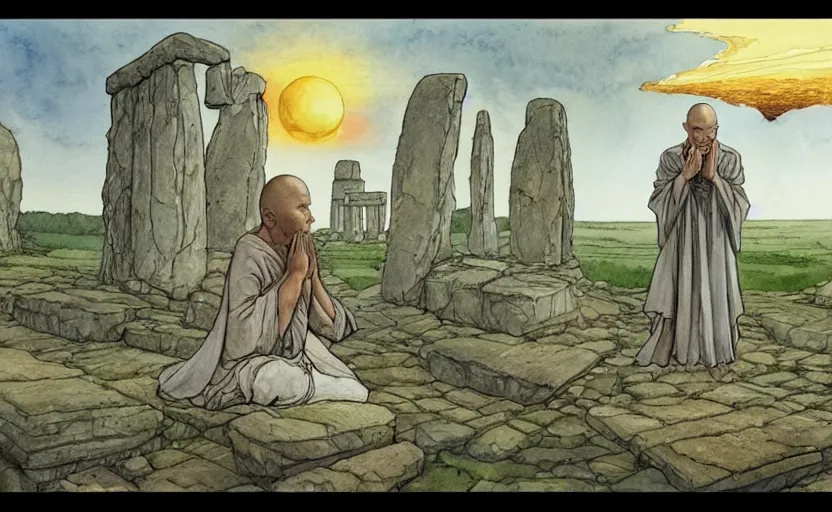 Image similar to a realistic watercolor fantasy concept art of giant monk with a big forehead in grey robes praying in stonehenge. several immense stones are floating in the air. in the background a large ufo is in the sky. by rebecca guay, michael kaluta, charles vess