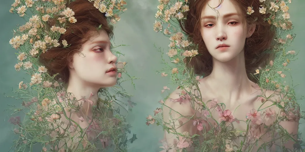 Image similar to breathtaking detailed concept art painting portrait of the goddess of nemophila flowers, orthodox saint, with anxious piercing eyes, ornate background, amalgamation of leaves and flowers, by hsiao - ron cheng, extremely moody lighting, 8 k