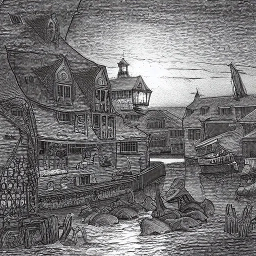 Prompt: Innsmouth by H.P. Lovecraft, fishing town, scenic image, dramatic lighting, drawing, illustration by Gustav Doré