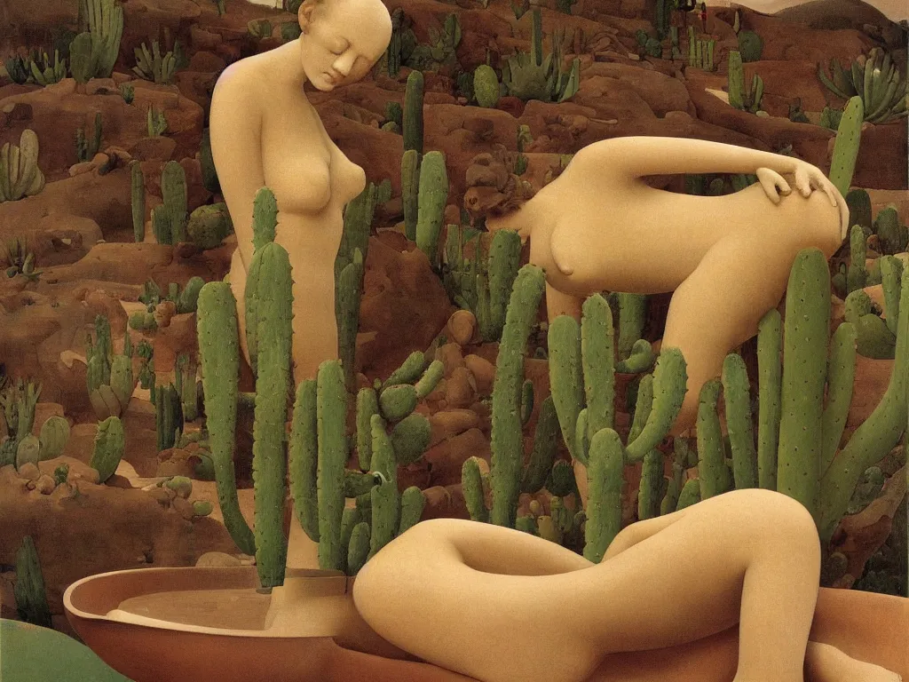 Prompt: Woman sculpted by Henri Moore taking a bath alone in a strange, giant ceramic basin sculpted. Alien, crater landscape with efflorescent strange cacti, aloe Vera. Night wit stars. Painting by Georges de la Tour, Alex Colville, Balthus