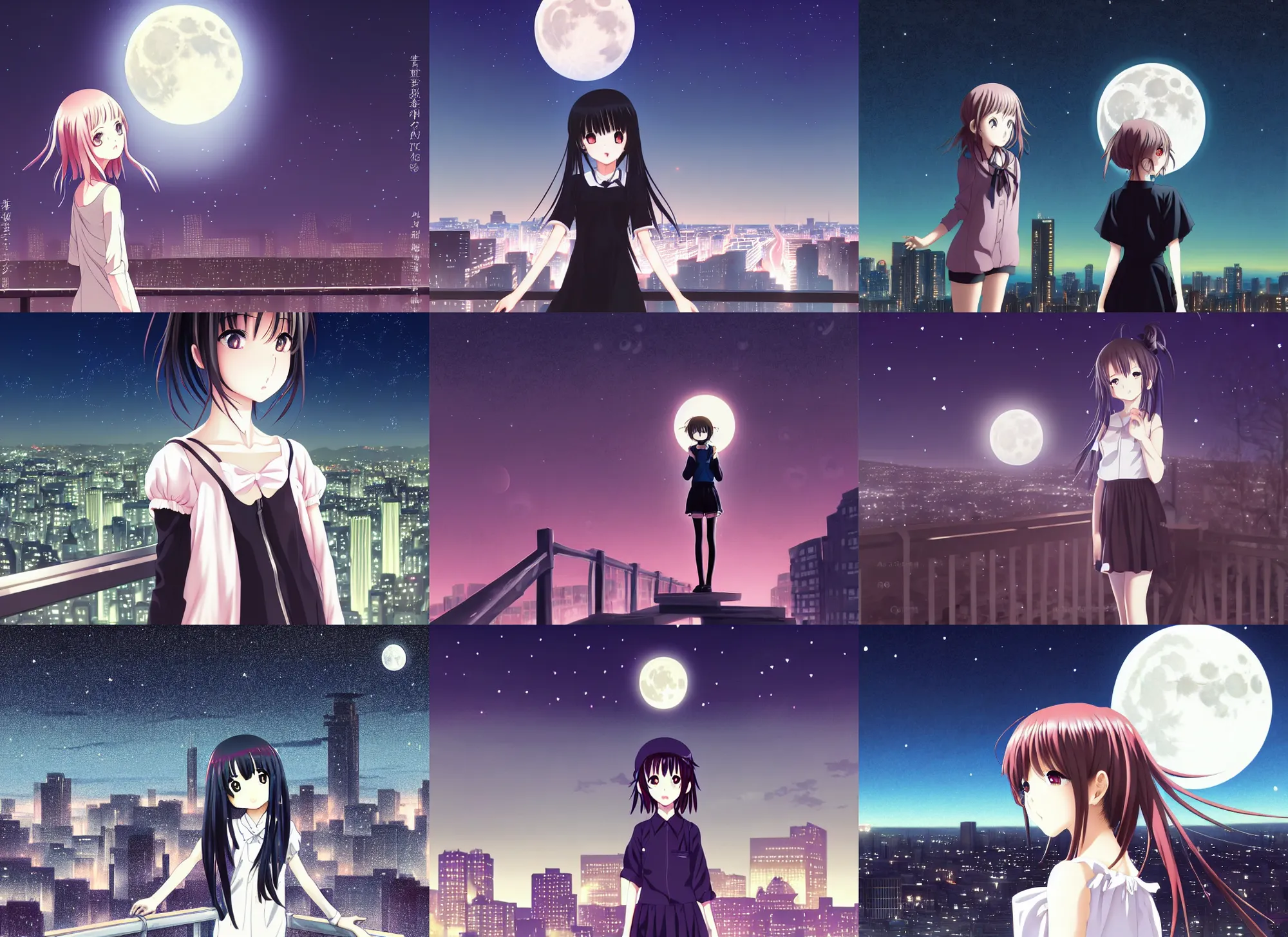 Prompt: anime visual, dark portrait of a young girl sightseeing above the city at night in the park, moon, guardrail, cute face by anmi, murata range, katsura masakazu, ilya kuvshinov, dynamic pose, dynamic perspective strong silhouette, anime cels, flat shading, rounded eyes, realistic proportions, dramatic, detailed facial features