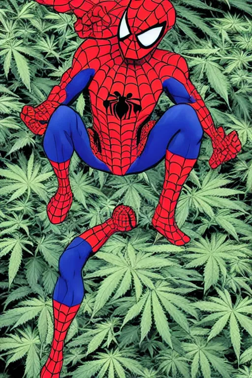 Prompt: chiba spiderman, surrounded by marijuana leaves