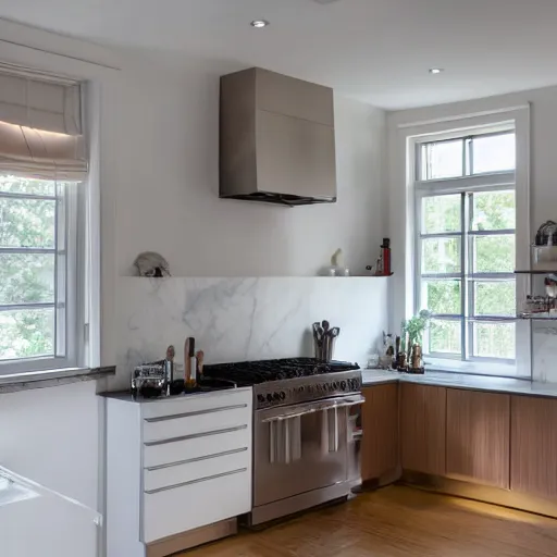 Prompt: a normal kitchen with stainless steel appliances a marble island window light, domestic, realistic, 35mm lens