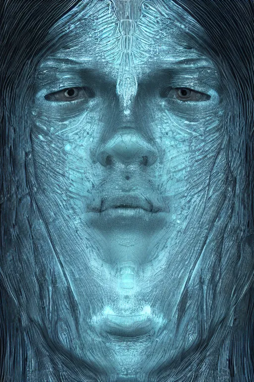 Image similar to very dark underwater portrait of a Mayan face, with (reaction diffusion) scaled fish skin. face closeup. long intricate dark hair, with Bioluminescent jellyfish. very high detail, illustration, trending on artstation