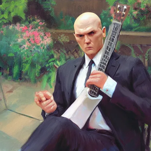 Image similar to a portrait of agent 4 7 from hitman wearing a red tie playing a guitar in a monestary garden by gregory manchess, james gurney, james jean