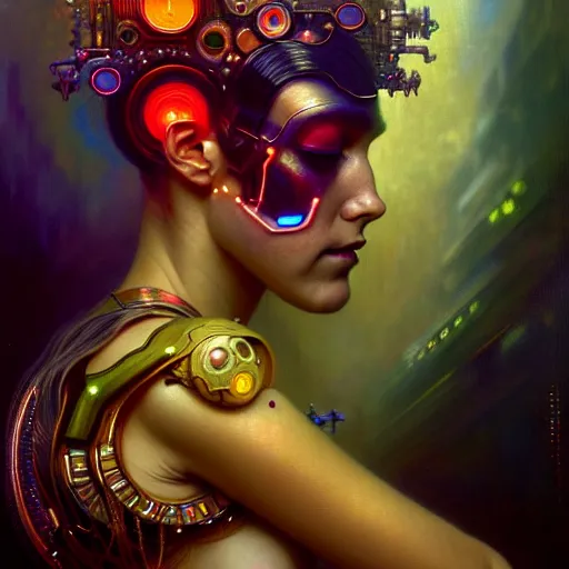 Prompt: extremely psychedelic cyborg queen of lsd. intricate, elegant, highly detailed, extremely lifelike photorealistic digital painting, artstation. steichen, gaston bussiere, tom bagshaw, cyberpunk alphonse mucha. dark pallet, melancholy. anatomically correct in every way.