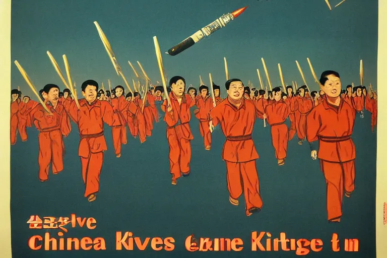 Image similar to vintage poster chinese cultural revolution propaganda, realistic, grain, rockets, astronauts