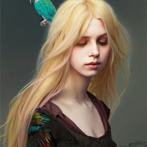 Prompt: portrait of a young blonde alternative girl with a parrot, upper body, long hair, intricate, elegant, highly detailed, digital painting, artstation, concept art, matte, sharp focus, illustration, art by artgerm and greg rutkowski and alphonse mucha