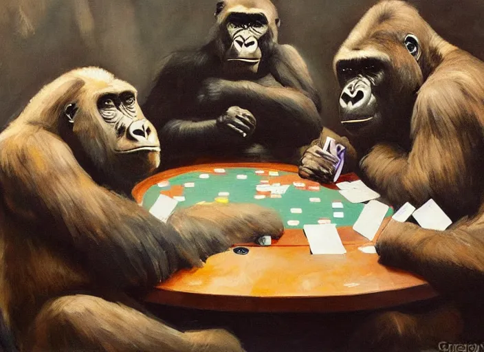 Image similar to a highly detailed beautiful portrait of a gorilla and a bear playing poker, by gregory manchess, james gurney, james jean