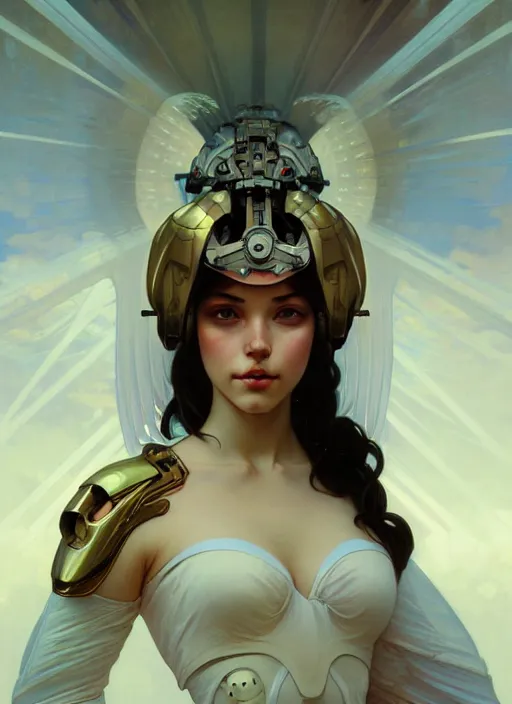 Image similar to portrait of mechanical angel, beautiful girl, intrigante, headshot, highly detailed, digital painting, artstation, concept art, sharp focus, cinematic lighting, illustration, art by artgerm and greg rutkowski, alphonse mucha, cgsociety