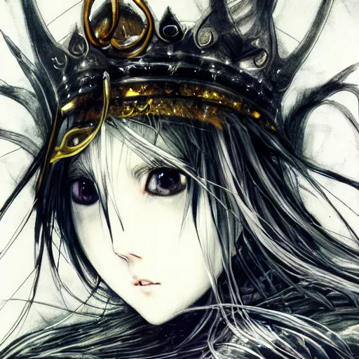 Image similar to yoshitaka amano blurred and dreamy illustration of an anime girl with black eyes, wavy white hair fluttering in the wind wearing elden ring armor and crown with engraving, abstract black and white patterns on the background, noisy film grain effect, highly detailed, renaissance oil painting, weird portrait angle, blurred lost edges, three quarter view