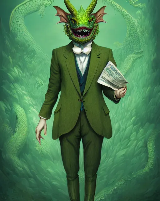 Image similar to anthropomorphic art of a businessman dragon, green dragon, portrait, victorian inspired clothing by artgerm, victo ngai, ryohei hase, artstation. fractal papers, newspaper. stock certificate, highly detailed digital painting, smooth, global illumination, fantasy art, jc leyendecker