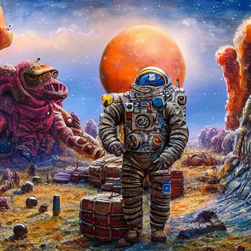 Image similar to astronauts land on ancient post - apocalyptic planet, jim henson creature shop, vivid and colorful, thomas kincaid, cinematic, oil painting, highly detailed, illustration