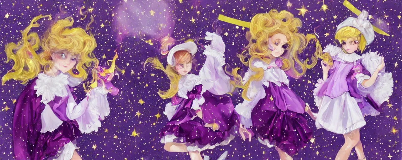 Prompt: A painting of many cute magical girls with short blond hair wearing an oversized purple Beret, A purple and white dress uniform, Short Puffy pants made of silk, a fluffly petticoat, pointy jester shoes, a big billowy scarf, Golden Ribbon, and white leggings Covered in stars. Short Hair. Sunlit. Haute Couture.Art by william-adolphe bouguereau and Paul Delaroche and Alexandre Cabanel and Lawrence Alma-Tadema. Smooth. Elegant. Highly Detailed. Intricate. 4K. UHD. Denoise.