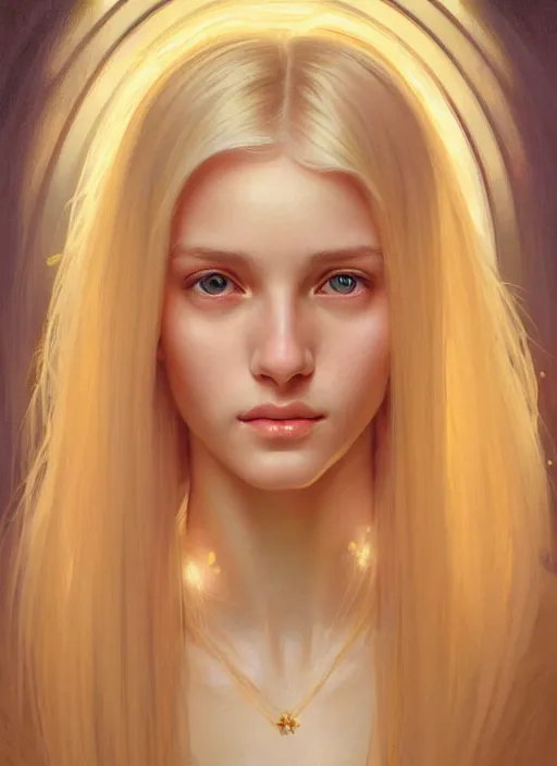 Image similar to beautiful feminine face! portrait of young woman blessed by god with ever - increasing physical and mental perfection, blonde hair, symmetrical! intricate, elegant, highly detailed, vision of holy perfection!! smile, digital painting, artstation, concept art, smooth, sharp focus, illustration, art by artgerm and greg rutkowski and alphonse mucha