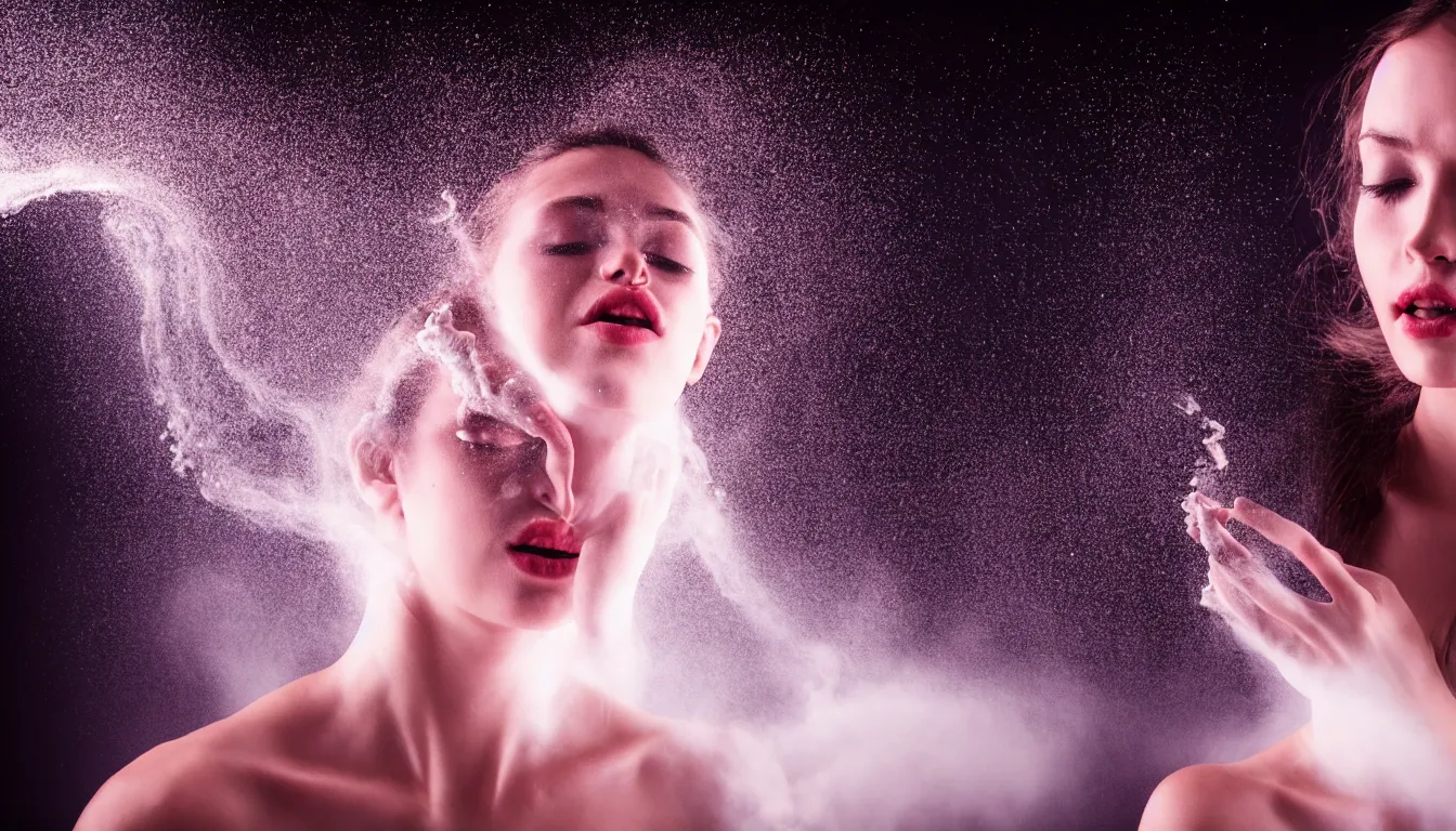 Image similar to humans , feedback loop , burst of powders ,volumetric lighting, twisting vapour, bellowing dust , emerging hands and beautiful woman’s face , full colour , upscale , 4k