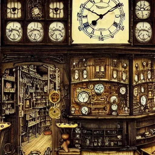 Prompt: interior of a steampunk clock shop, father time, wooden grandfather clocks everywhere, realistic, very intricate masterpiece by arthur rackham