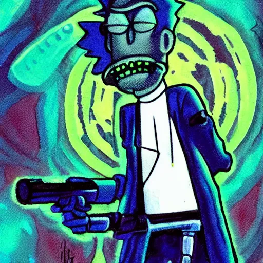 Image similar to portrait of alien rick holding a cybernetic rifle, rick and morty forever and forever a hundred years! g